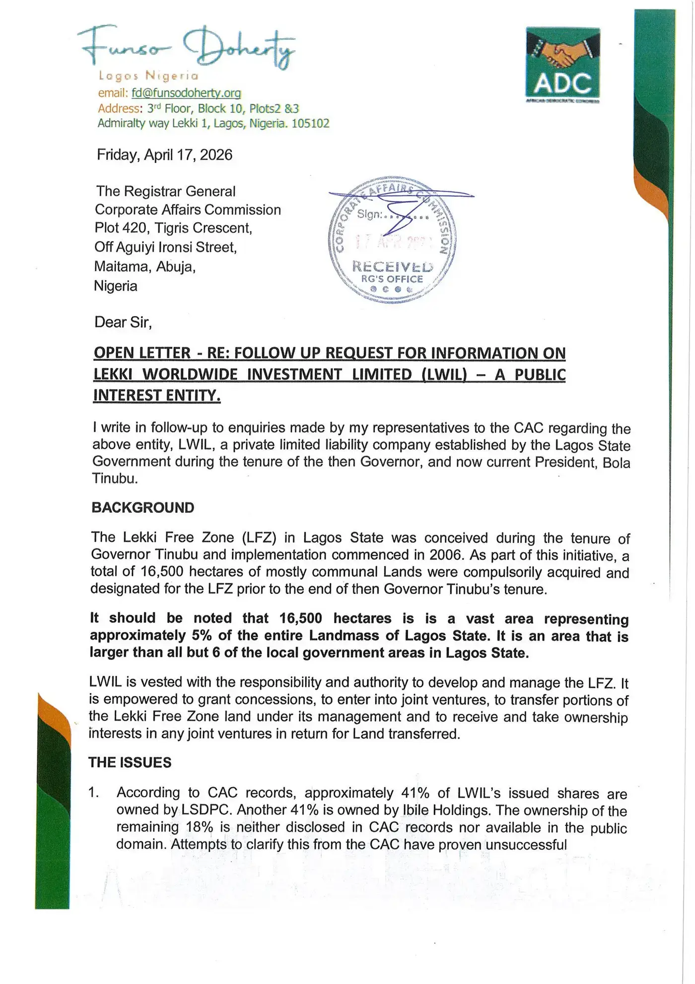 Page 1 of 2 of the signed letter
