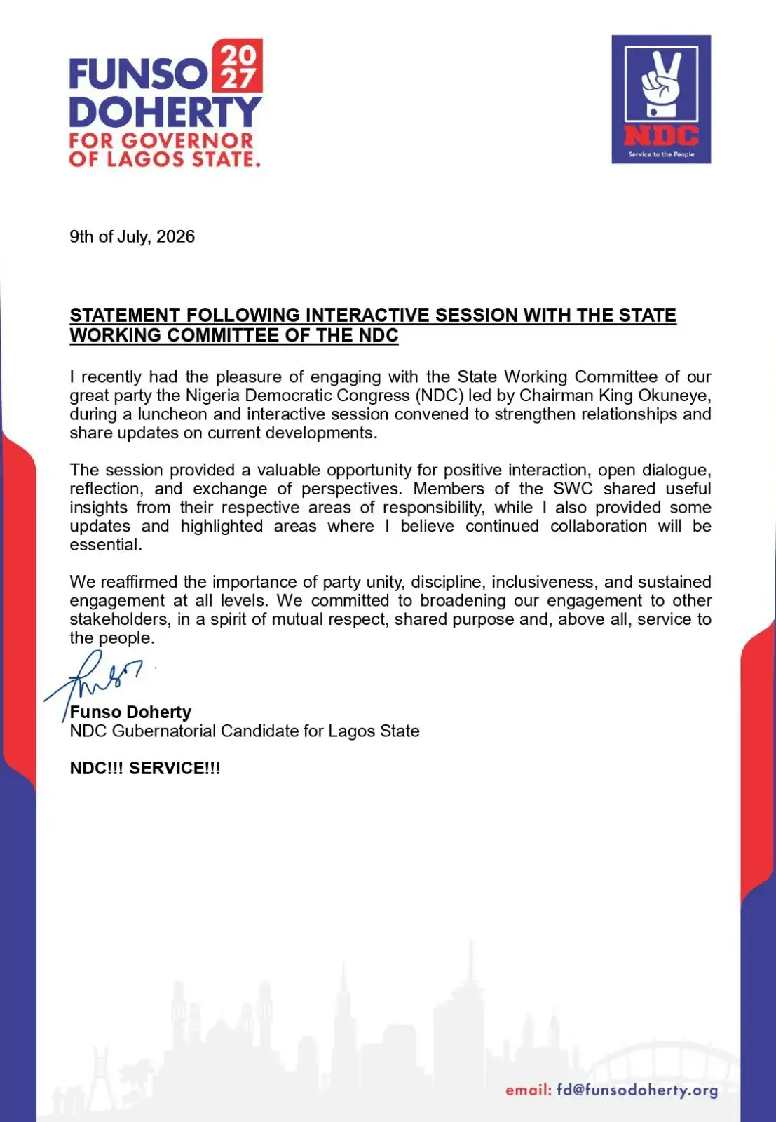 Page 1 of 1 of the signed statement